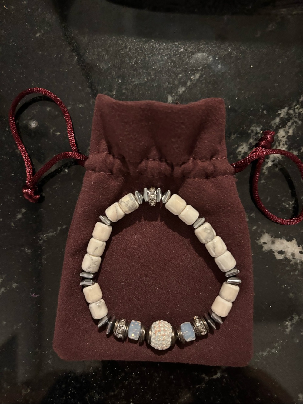 Beaded White Howlite Stretch Bracelet with Pave Accent